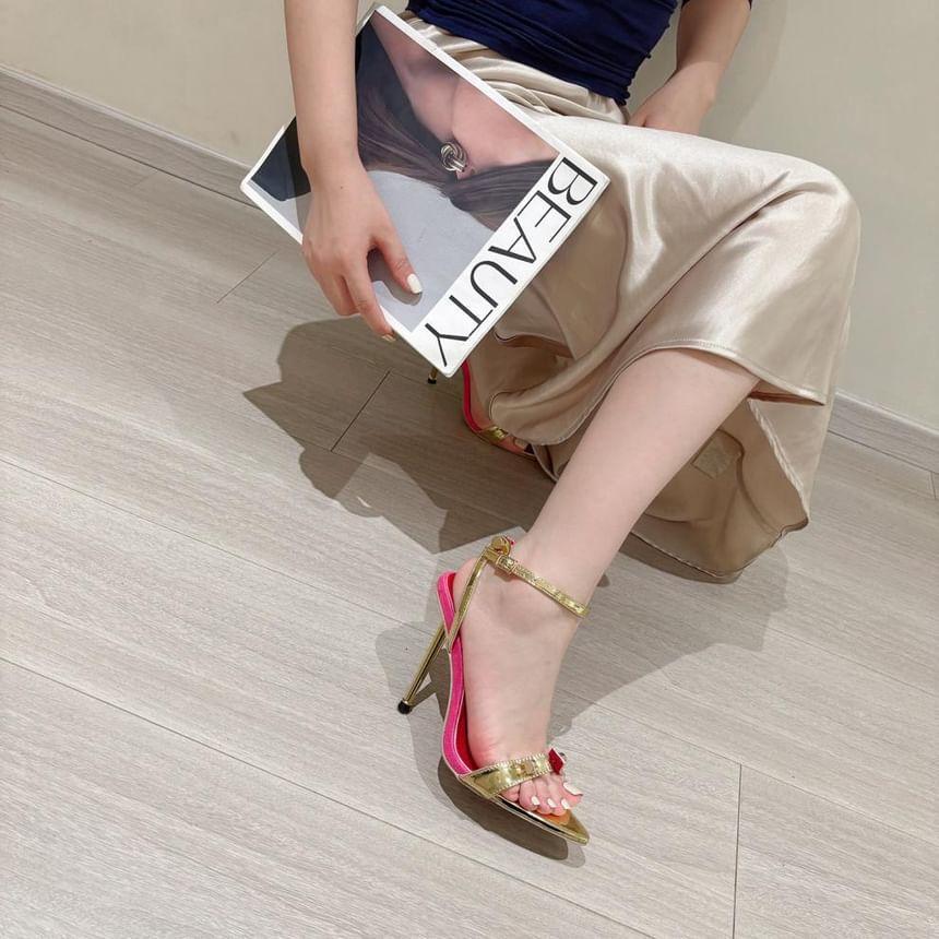 Stiletto Pointed Toe Ankle Strap Metallic Patent Leather Slingback Sandals Product Image