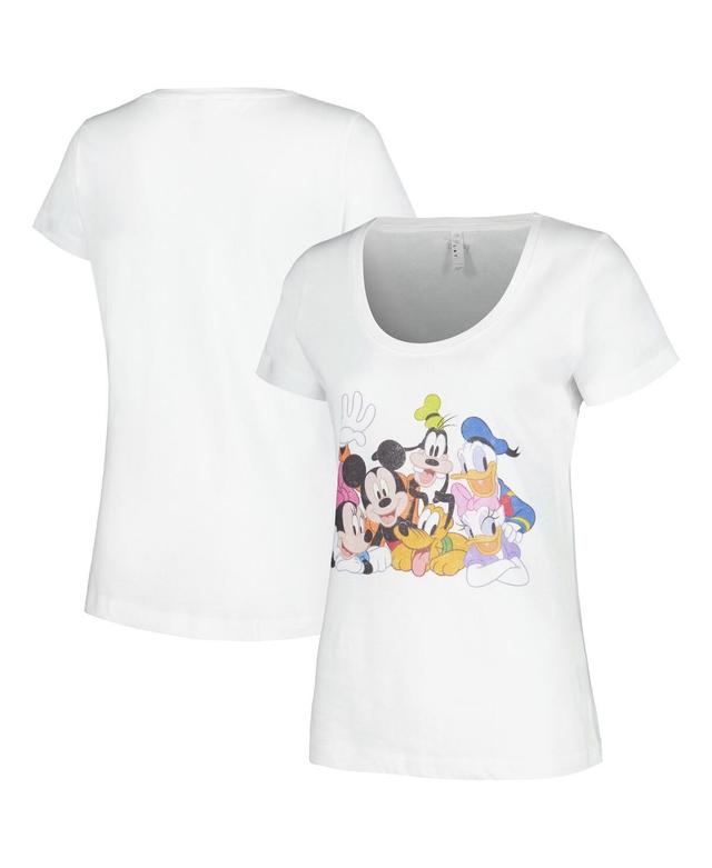 Womens Mad Engine White Distressed Mickey and Friends Group Scoop Neck T-shirt Product Image