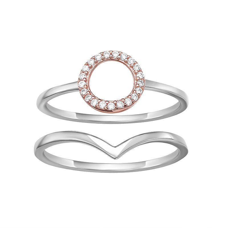 PRIMROSE Two Tone Sterling Silver Cubic Zirconia Circle Band & V-Shaped Stackable Ring Duo Set, Womens Pink Over Sterling Product Image