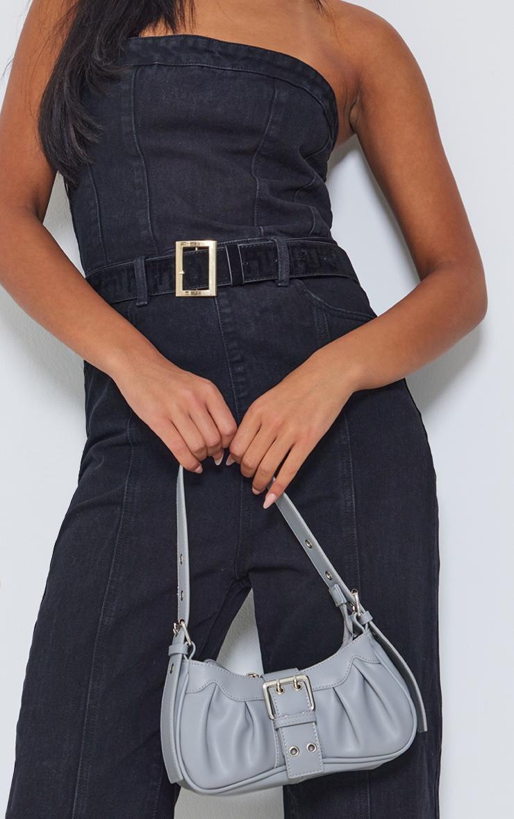 Tall Black Bandeau Denim Straight Leg Jumpsuit Product Image