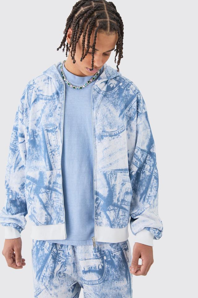 Boxy Zip Through Printed Heavyweight Waffle Hoodie | boohooMAN USA Product Image