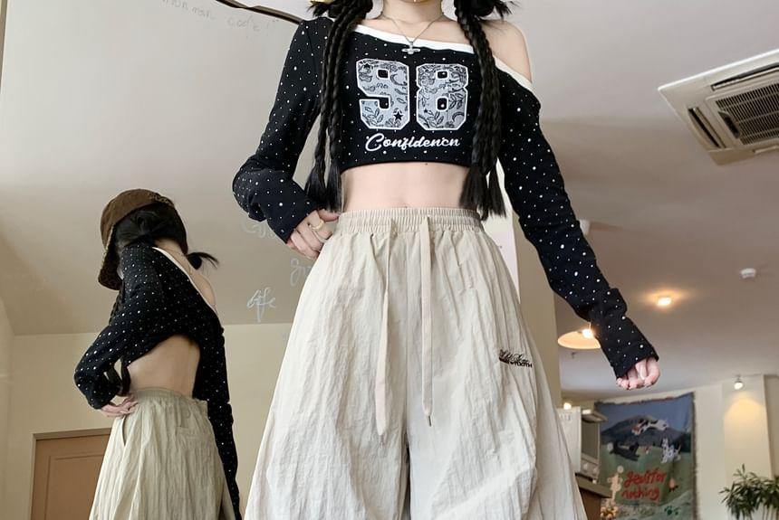 Drawstring Waist Letter Embroidered Harem Pants Product Image