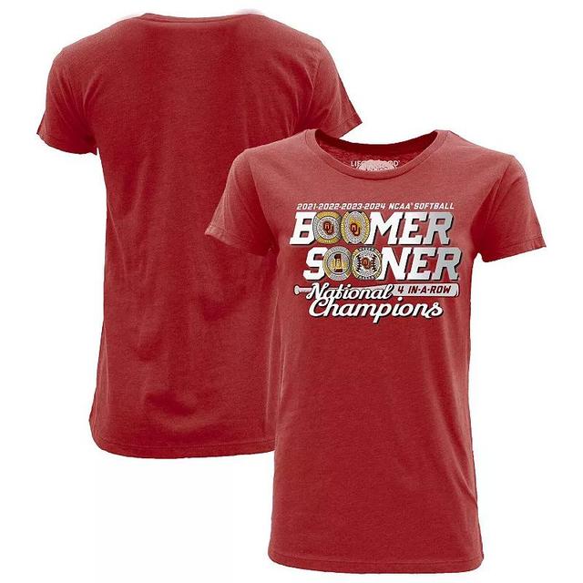 Womens Blue 84 Crimson Oklahoma Sooners Four-Time NCAA Softball Womens College World Series Champions T-Shirt Product Image