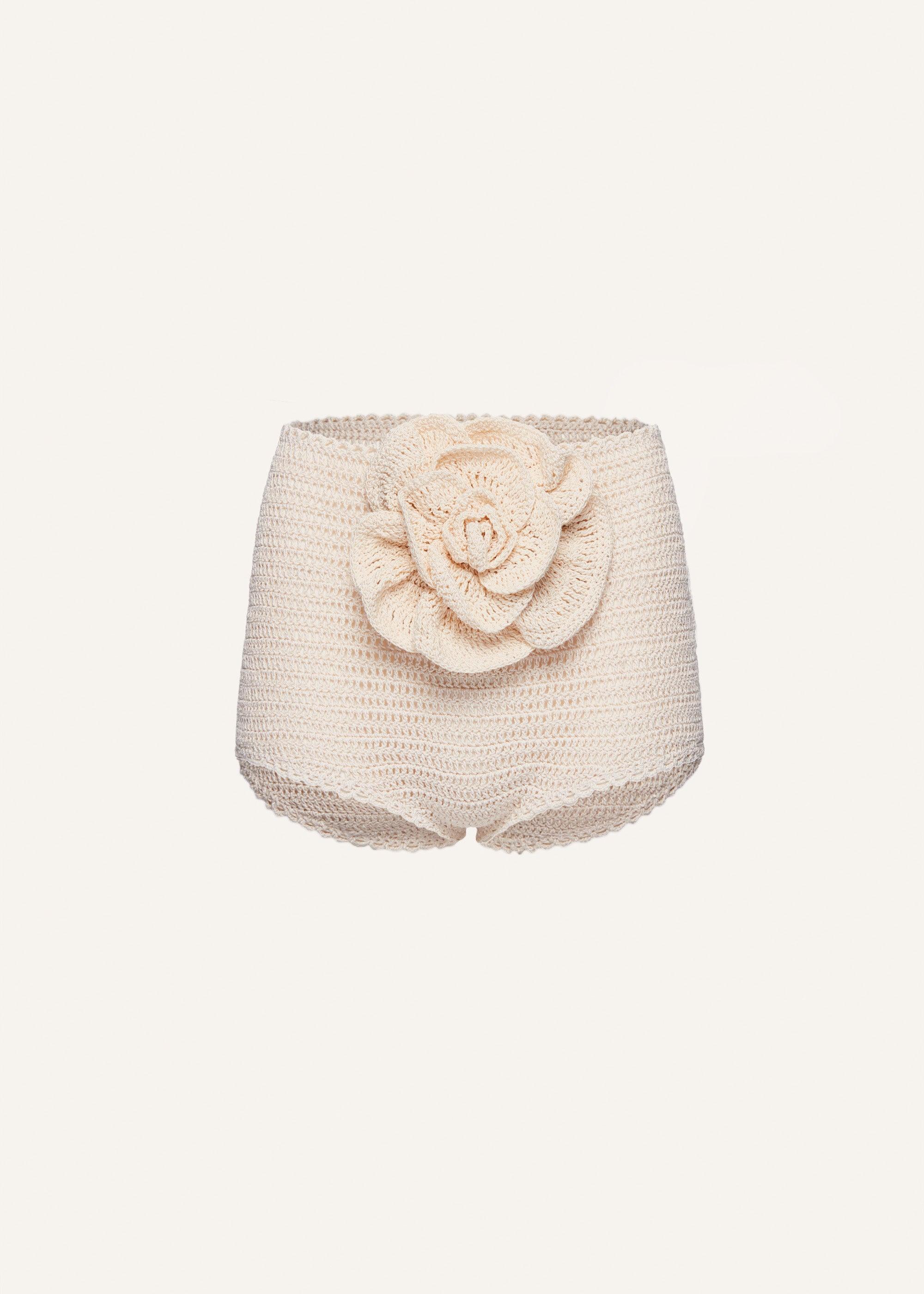 Crochet 3D flower appliqué mini shorts in cream Product Image