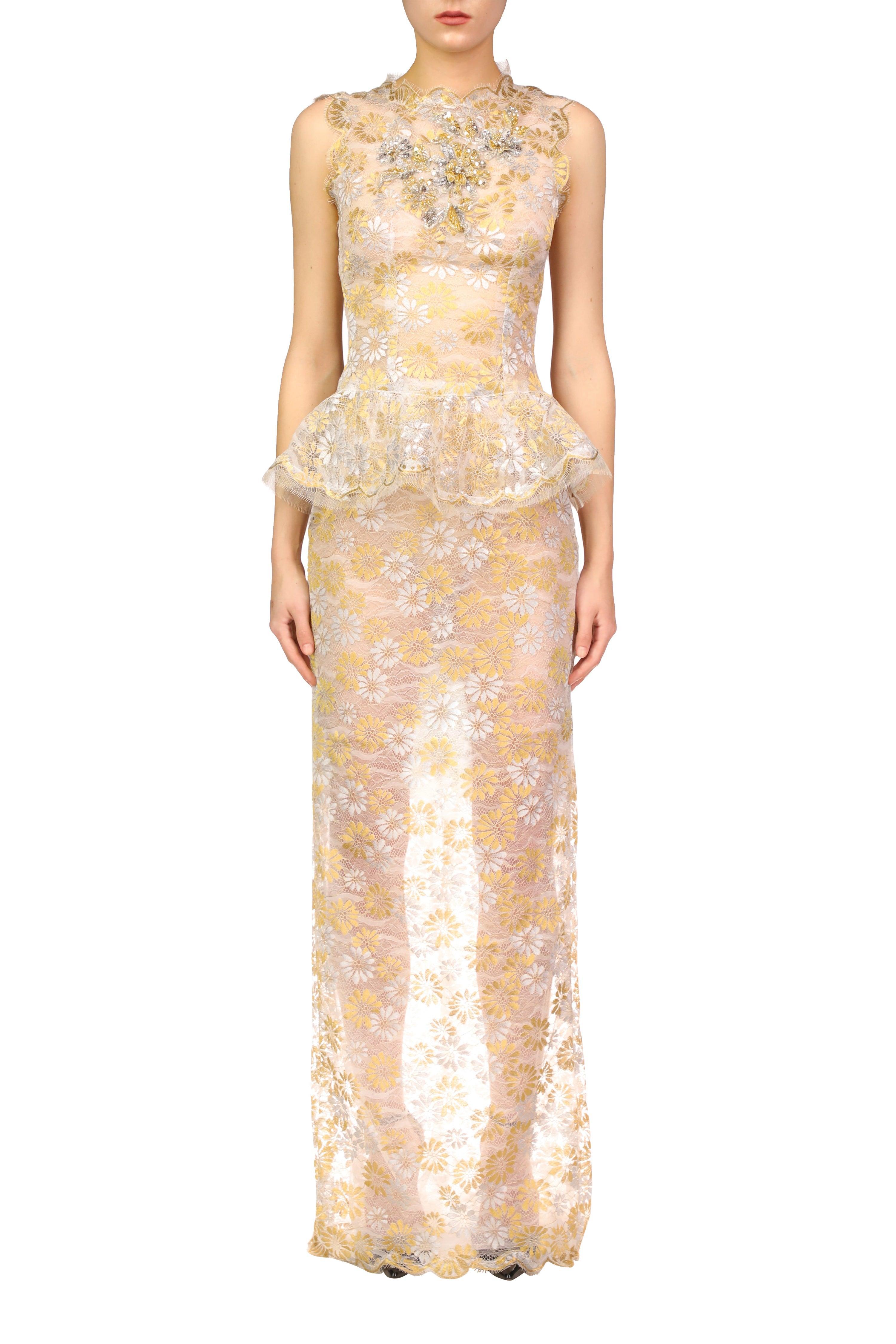 Silver and Gold Daisy Lace Gown with Hand Beaded Details Product Image