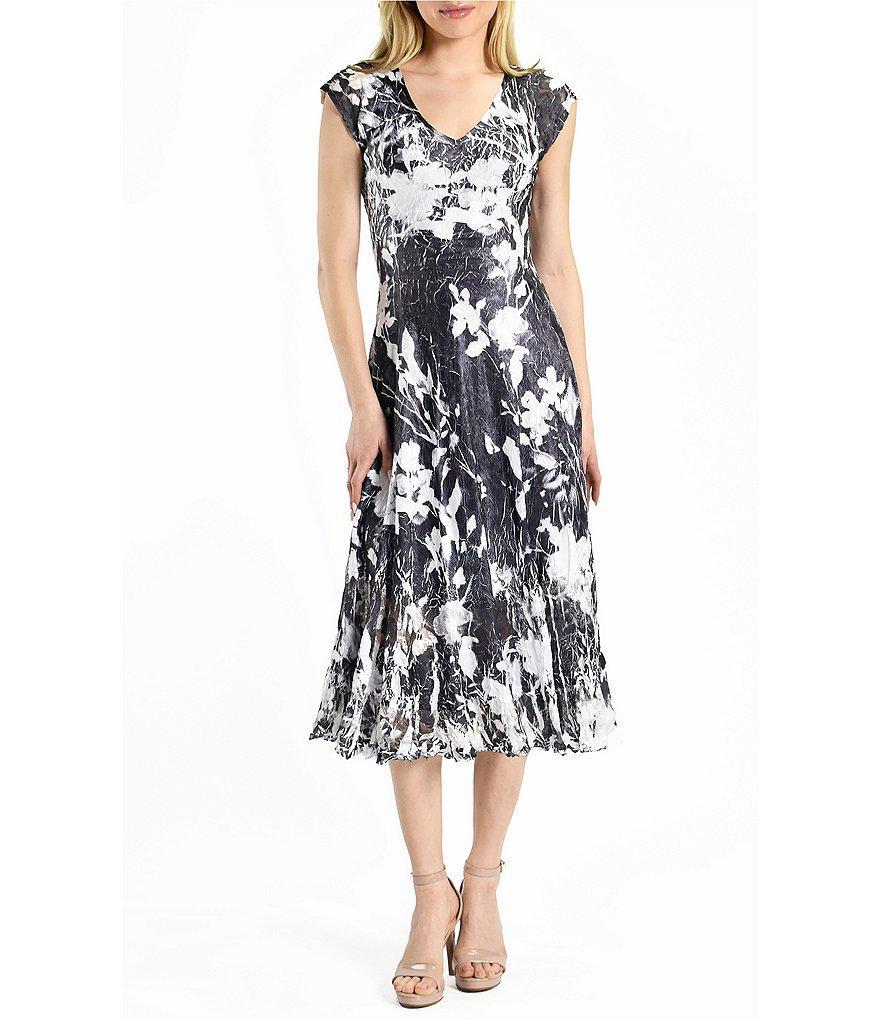 Komarov Floral Charmeuse Lace V-Neck Cap Sleeve Pleated Midi Dress Product Image