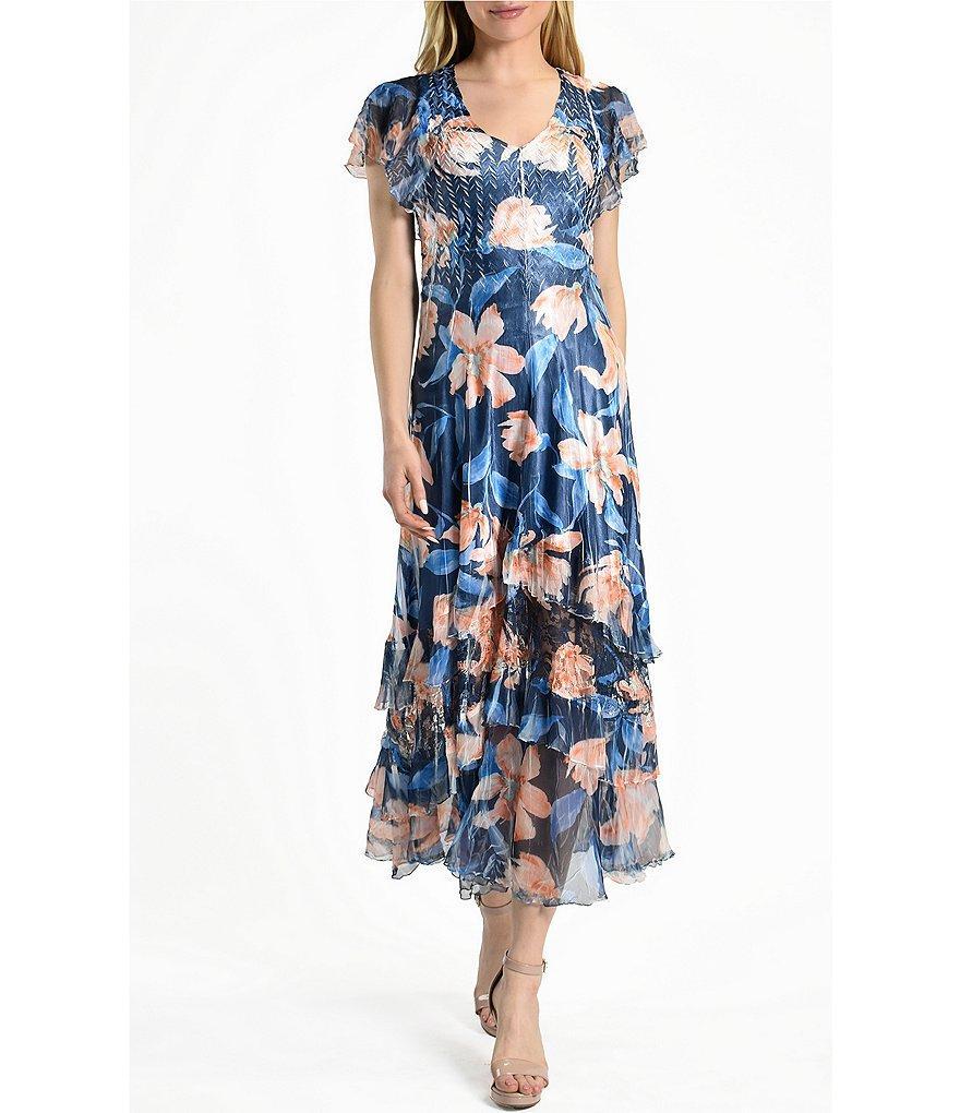 Komarov Chiffon Floral Print Scoop Neck Flutter Sleeve Lace Tiered Ruffle Hem Midi Dress Product Image