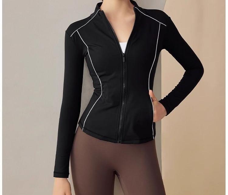 Stand Collar Contrast Trim Zip Sport Top Product Image