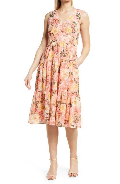 Vince Camuto Floral Sleeveless Tiered Ruffle Midi Dress Product Image