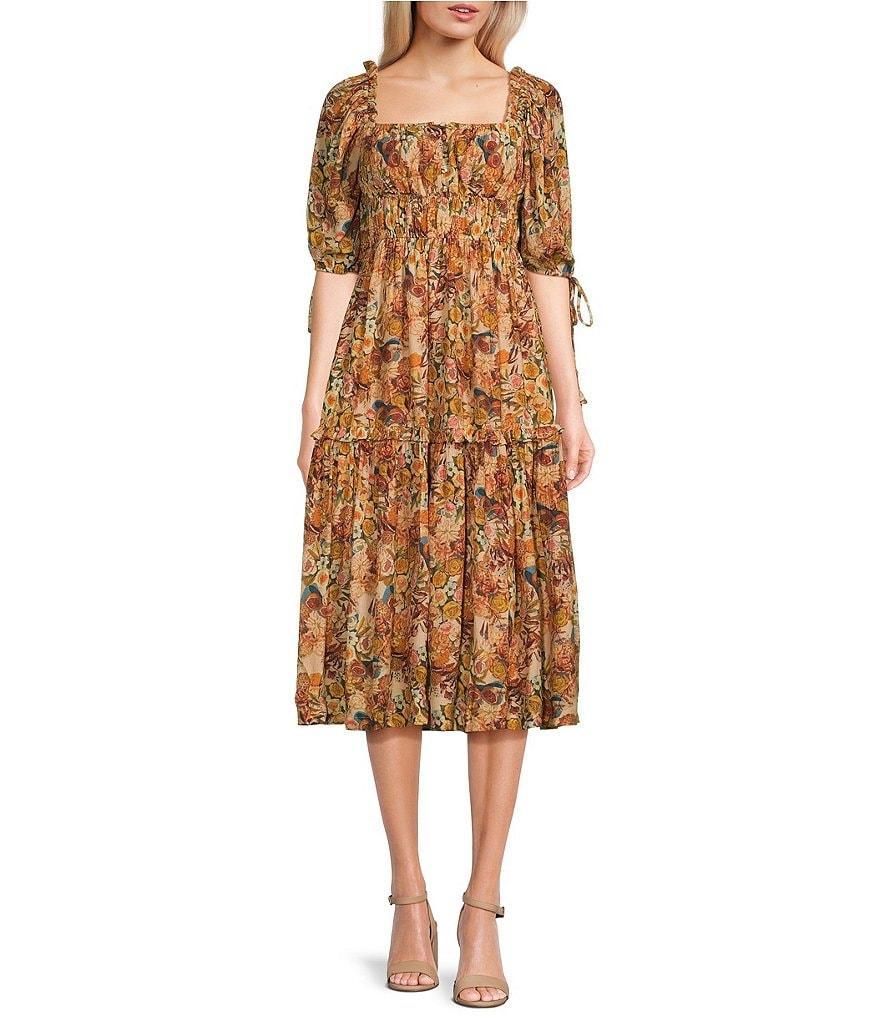 En Saison Candela Floral Print Square Neck 3/4 Sleeve Ruffle Midi Dress Product Image