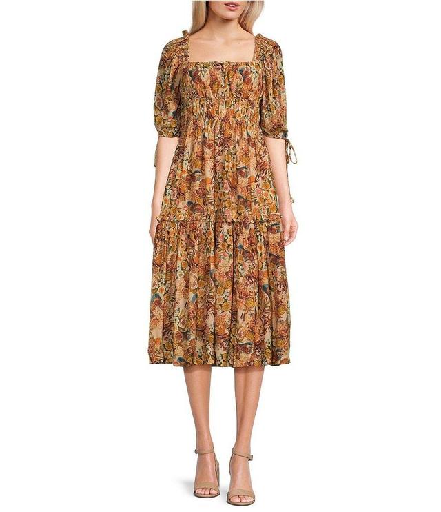 En Saison Candela Floral Print Square Neck 3/4 Sleeve Ruffle Midi Dress Product Image