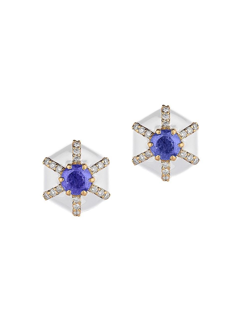 Womens Queen 18K Yellow Gold, Multi-Gemstone & Enamel Hexagonal Stud Earrings Product Image