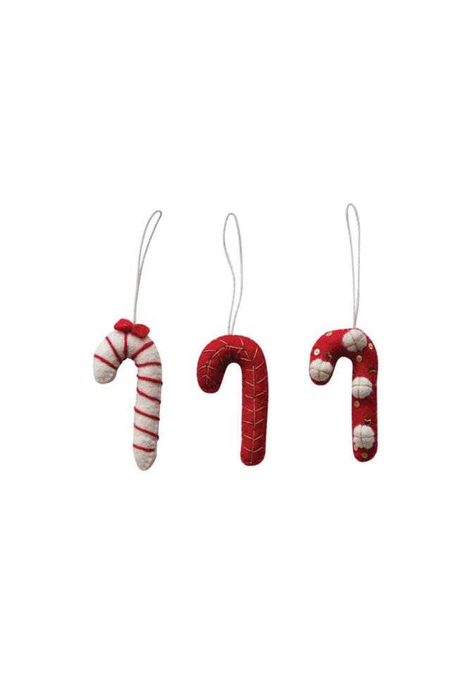 Handmade Wool Felt Candy Cane Ornament w/ Embroidery S/3 Product Image