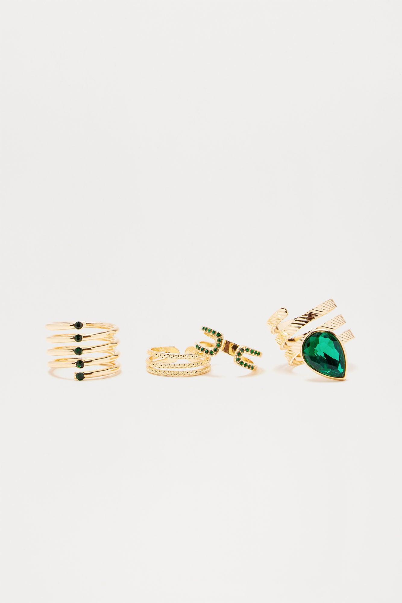 Ariel 4 Piece Ring Set - Gold/Green Product Image