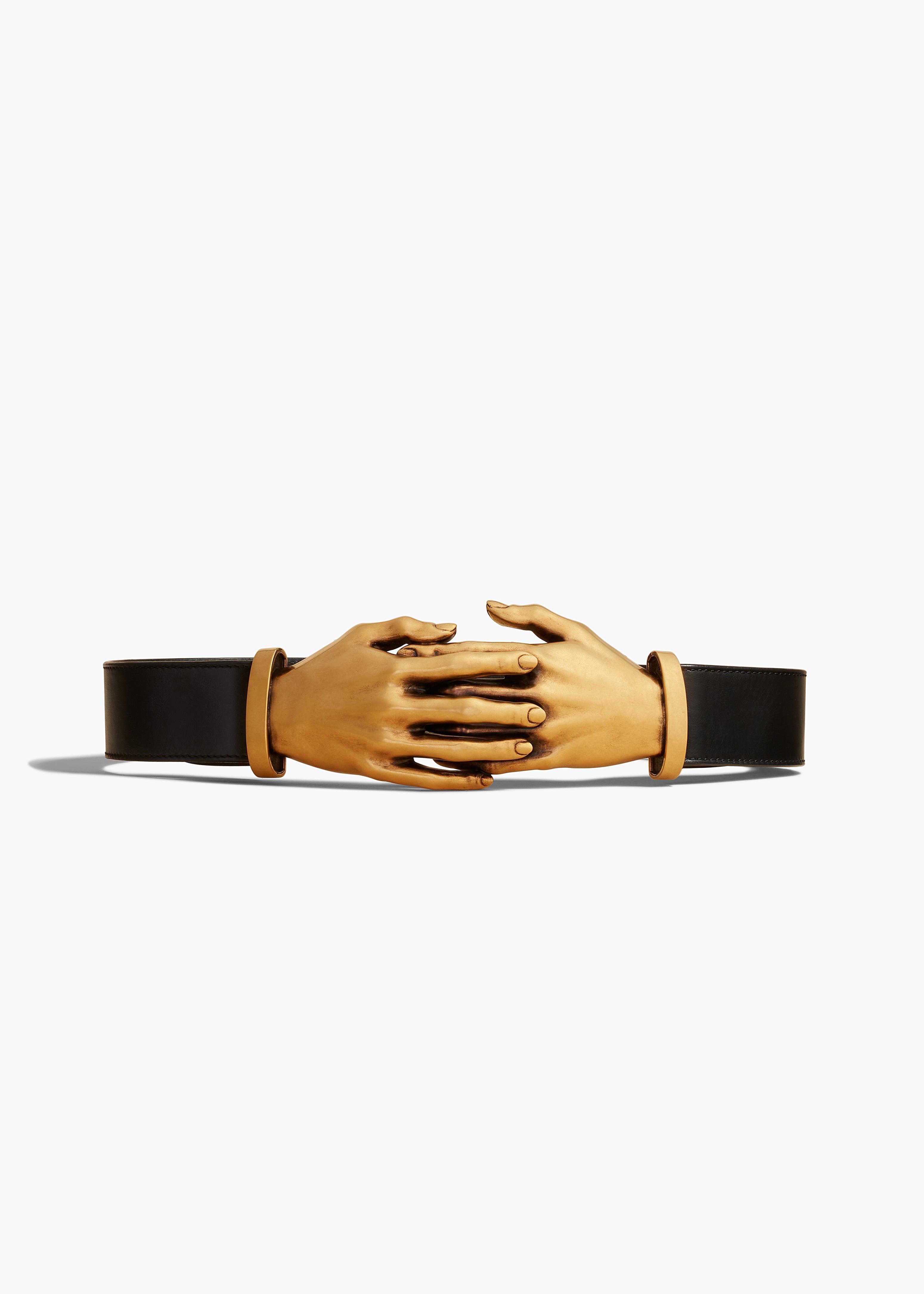 Sculpted Hands Belt in Black Leather with Antique Gold Product Image