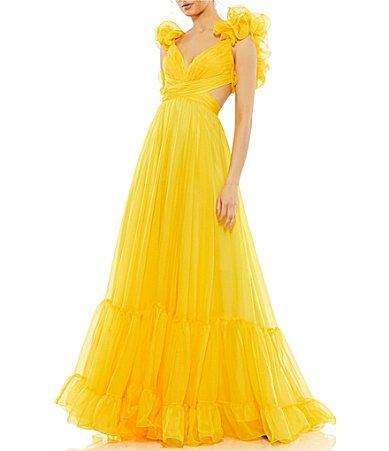 Ieena Mac Duggal Chiffon V-Neck Sleeveless Cut-Out Strappy Back Detail Tiered Ruffle Hem Gown Product Image