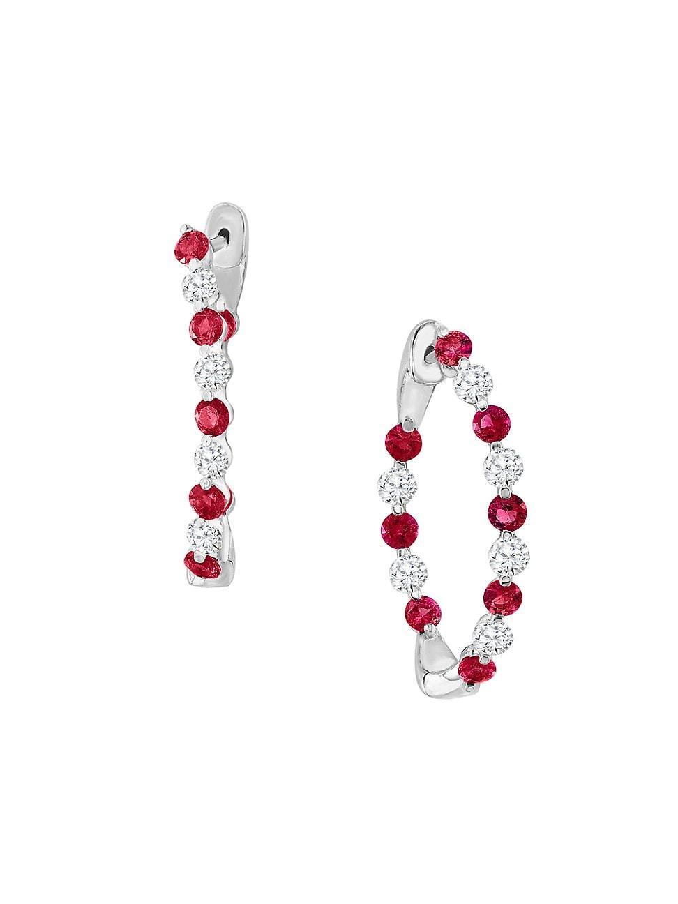 Womens 14K White Gold, Ruby & 1.15 TCW Diamond Hoop Earrings Product Image