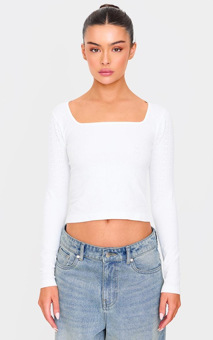  White Contour Pointelle Square Neck Long Sleeve Top Product Image