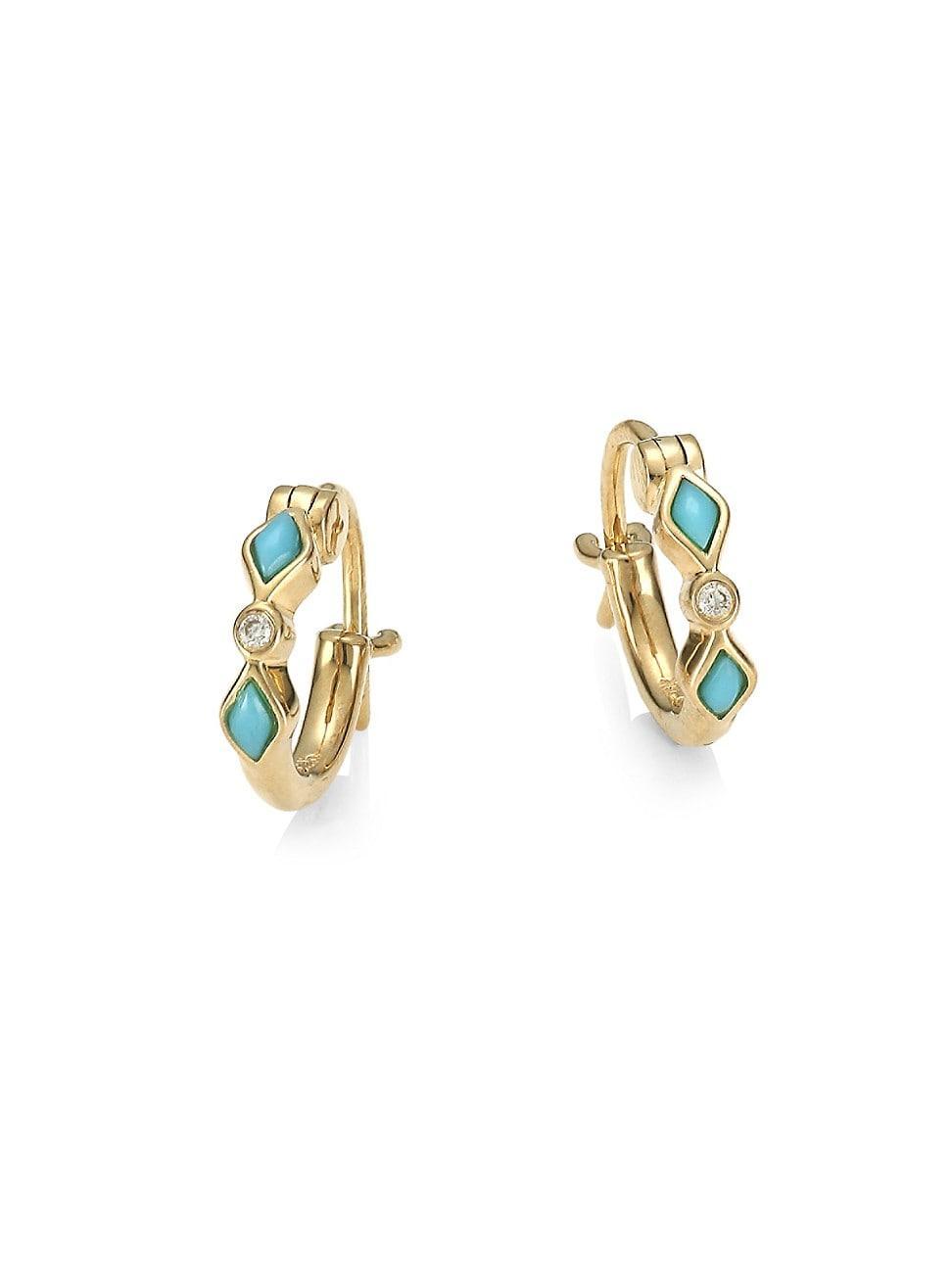 Womens Diamond & Turquoise 14K Yellow Gold Huggie Hoop Earrings Product Image