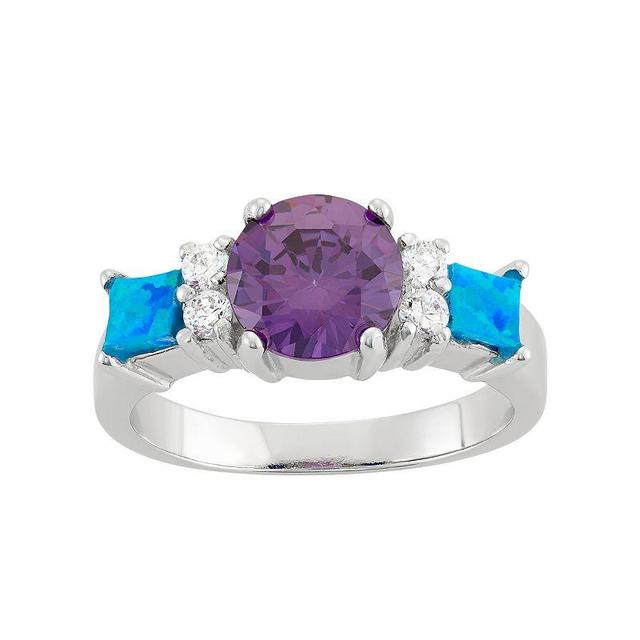 Cubic Zirconia & Lab-Created Blue Opal Sterling Silver 3-Stone Ring, Womens Product Image