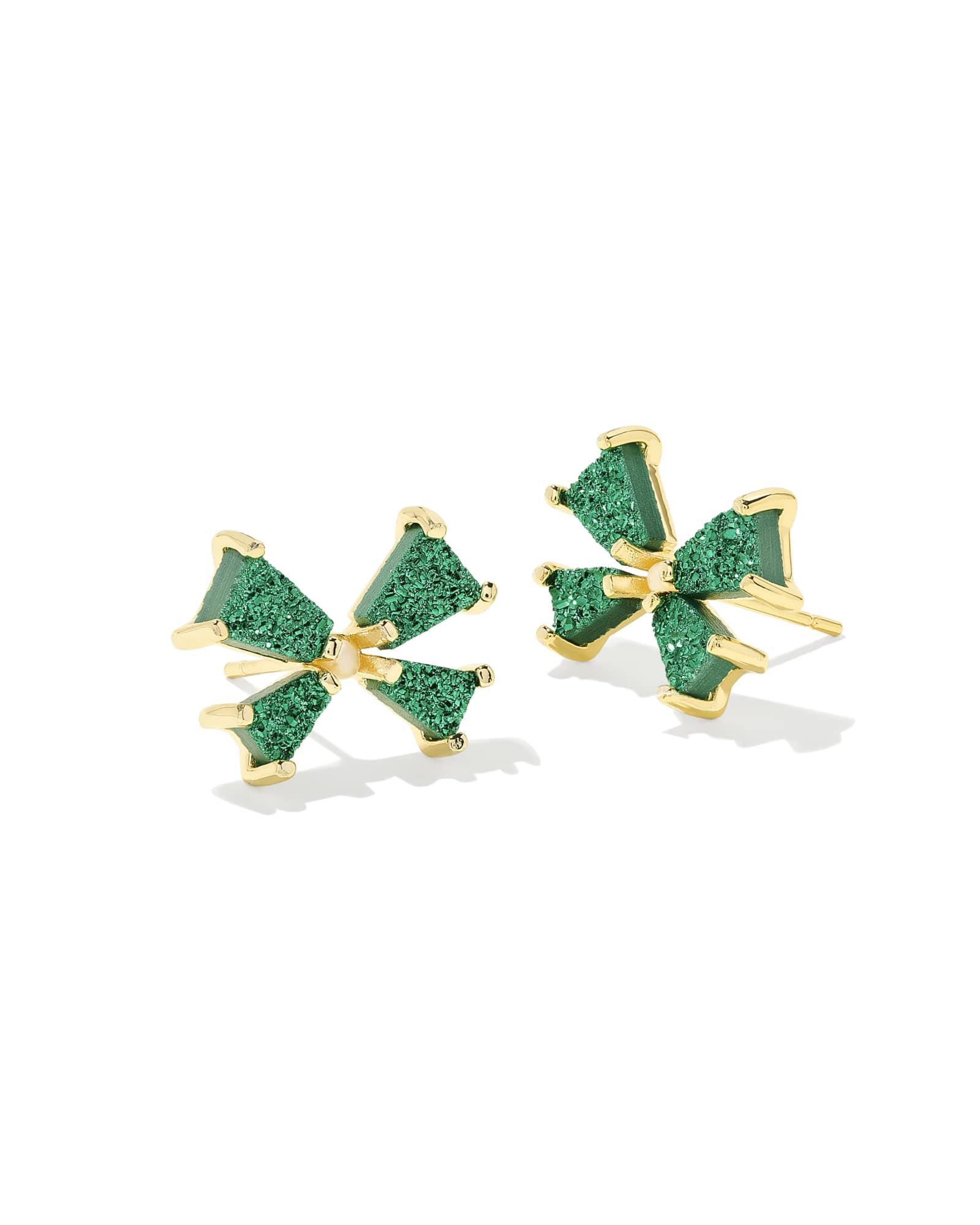 Blair Gold Bow Small Stud Earrings in Emerald Drusy Product Image