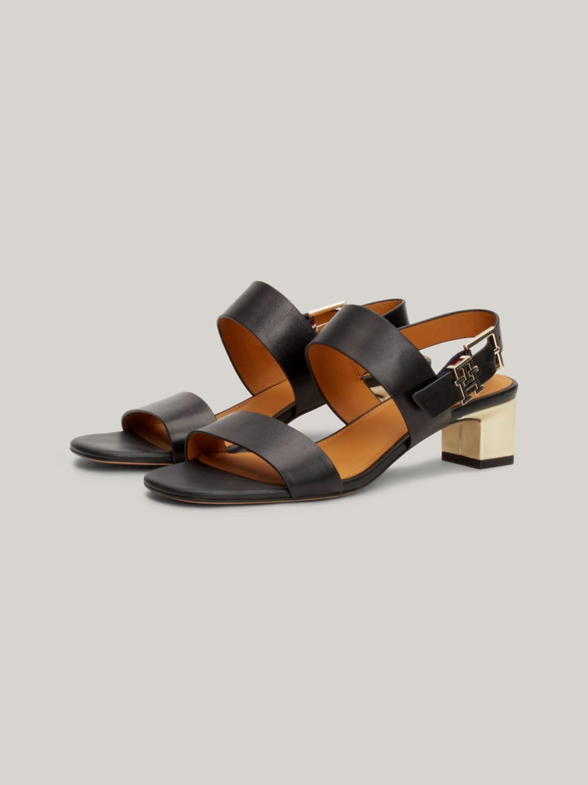 Tommy Hilfiger Women's TH Logo Leather Mid Block Heel Sandal - Black - US 9 / EU 40 Product Image