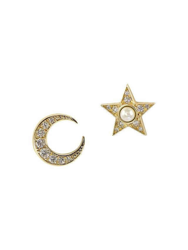 Womens Garden Of Eden 14K Yellow Gold, 0.25 TCW Natural Diamond & Freshwater Pearl Moon & Star Mismatched Stud Earrings Product Image