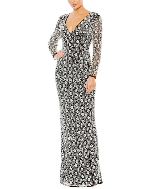 Fully Beaded Long Sleeve Column Gown In Black Silver Product Image