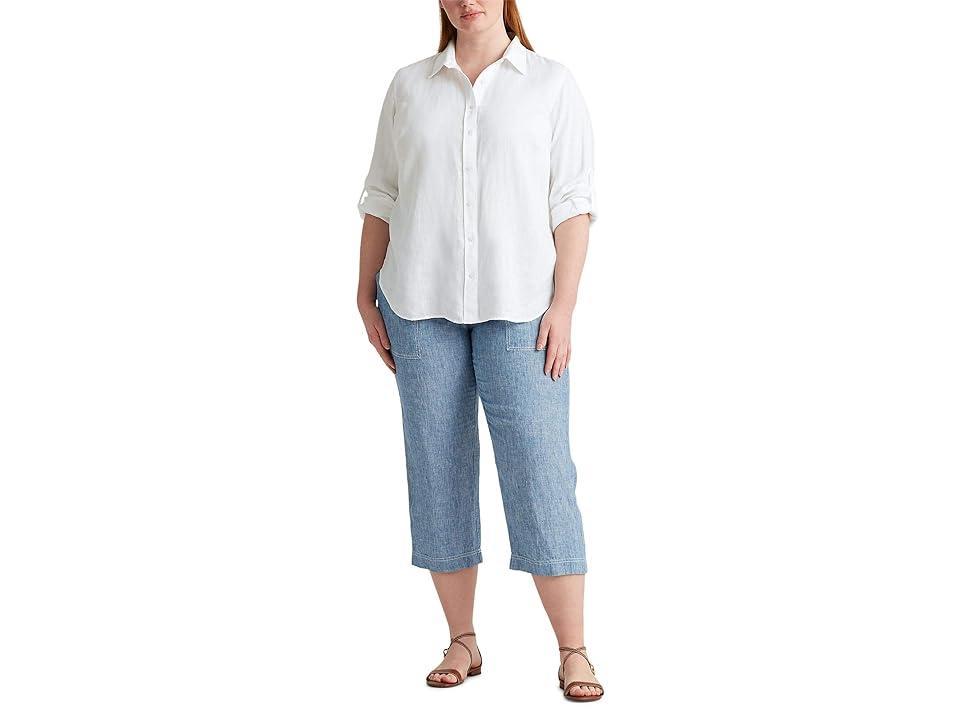 Lauren Ralph Lauren Plus Size Point Collar Long Roll-Tab Sleeve Button Front Linen Shirt Product Image