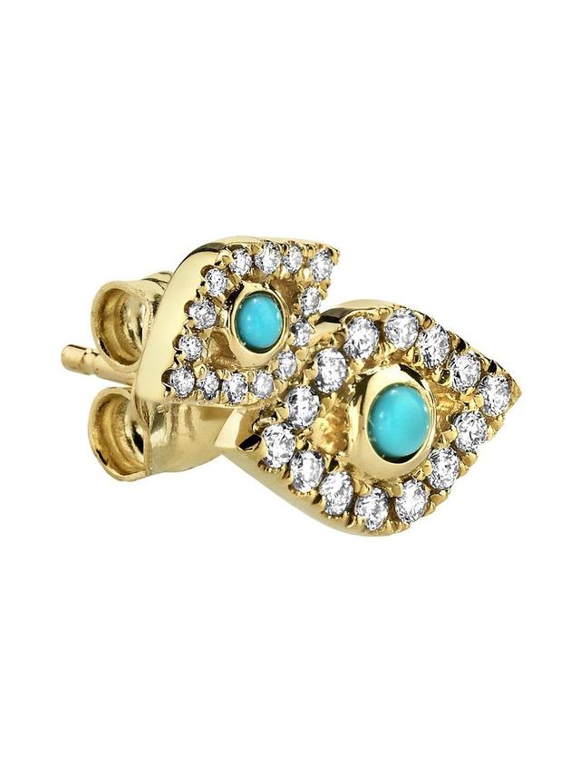 Womens Overboard 14K Yellow Gold, Turquoise & 0.15 TCW Diamond Evil Eye Stud Earring Product Image