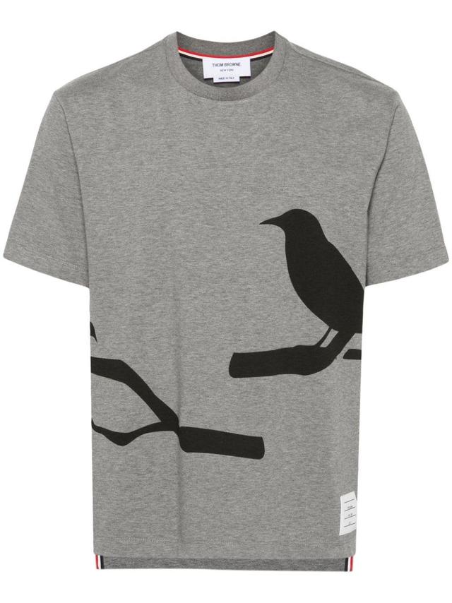 THOM BROWNE Raven-print Cotton T-shirt In Grey Product Image