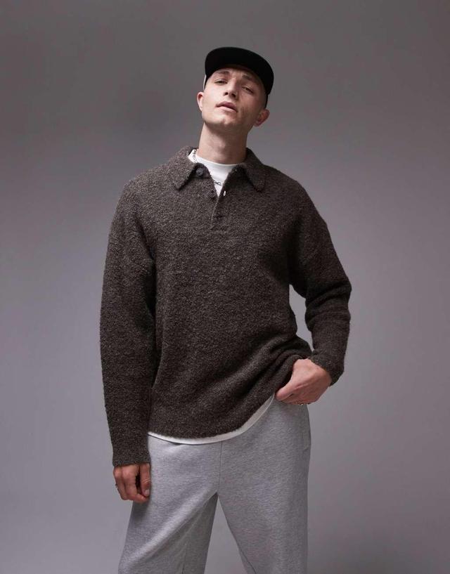 Topman oversized fit boucle polo shirt in heathered brown Product Image