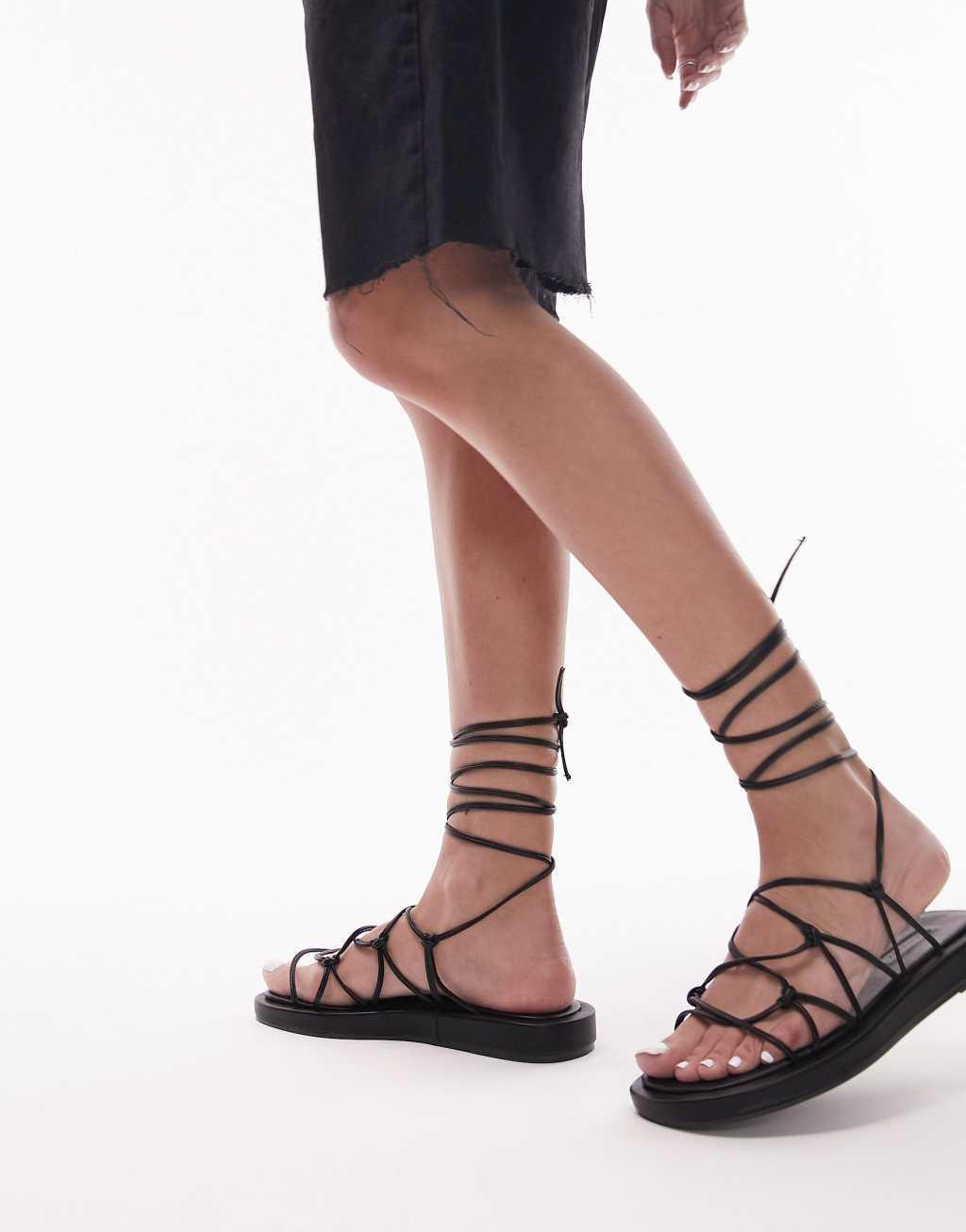 Topshop Gina strappy flat sandals with ankle tie Product Image