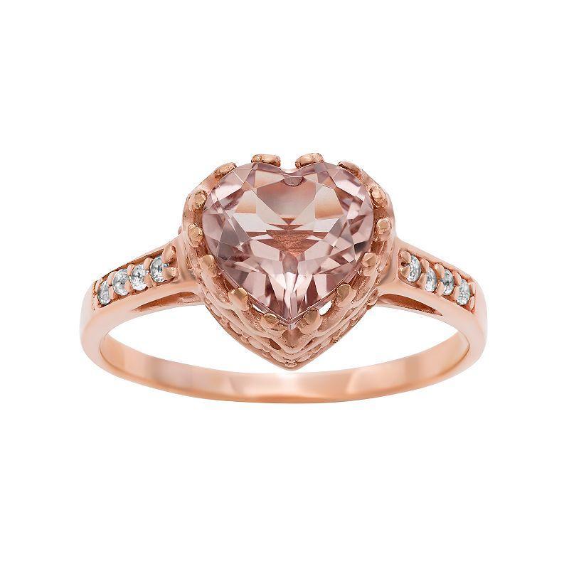 14k Rose Gold Over Silver Simulated Morganite and Lab-Created White Sapphire Heart Crown Ring, Womens Pink Product Image