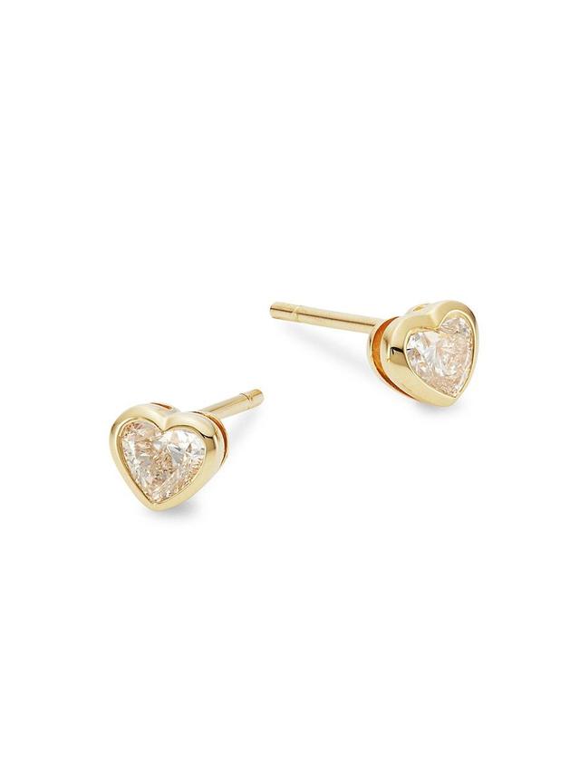 Womens 18K Yellow Gold & Diamond Heart Stud Earrings Product Image