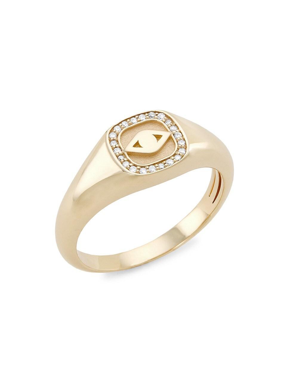 Womens 14K Yellow Gold & Diamond Evil-Eye Signet Ring Product Image