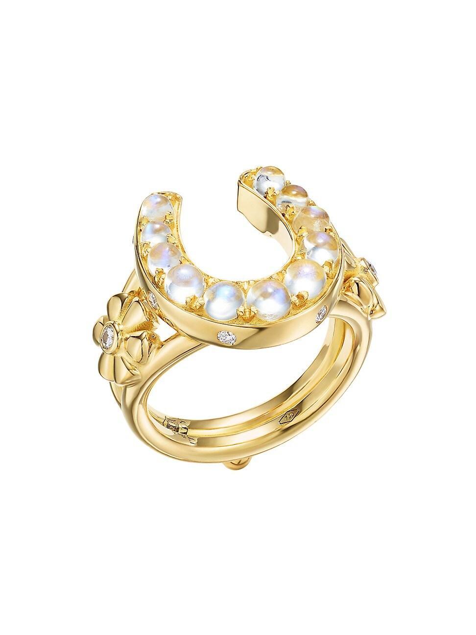 Womens Horseshoe 18K Yellow Gold, Blue Moonstone & 0.14 TCW Diamond Ring Product Image