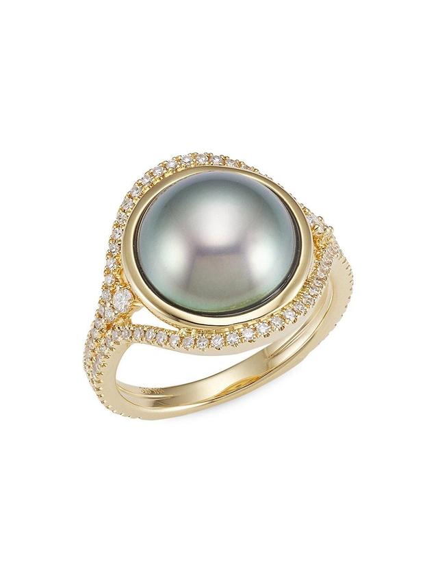 Womens 18K Yellow Gold, 10MM-12MM Tahitian Pearl & Diamond Ring Product Image