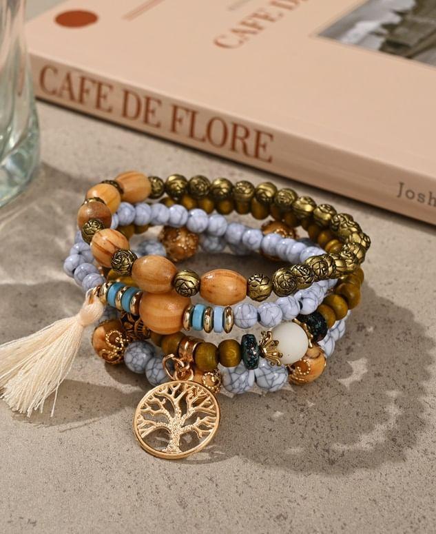 Tassel Wooden Beaded Bracelet Set Product Image