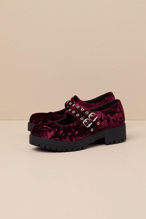 Vagabond Wine Crushed Velvet Lug Sole Mary Janes Product Image