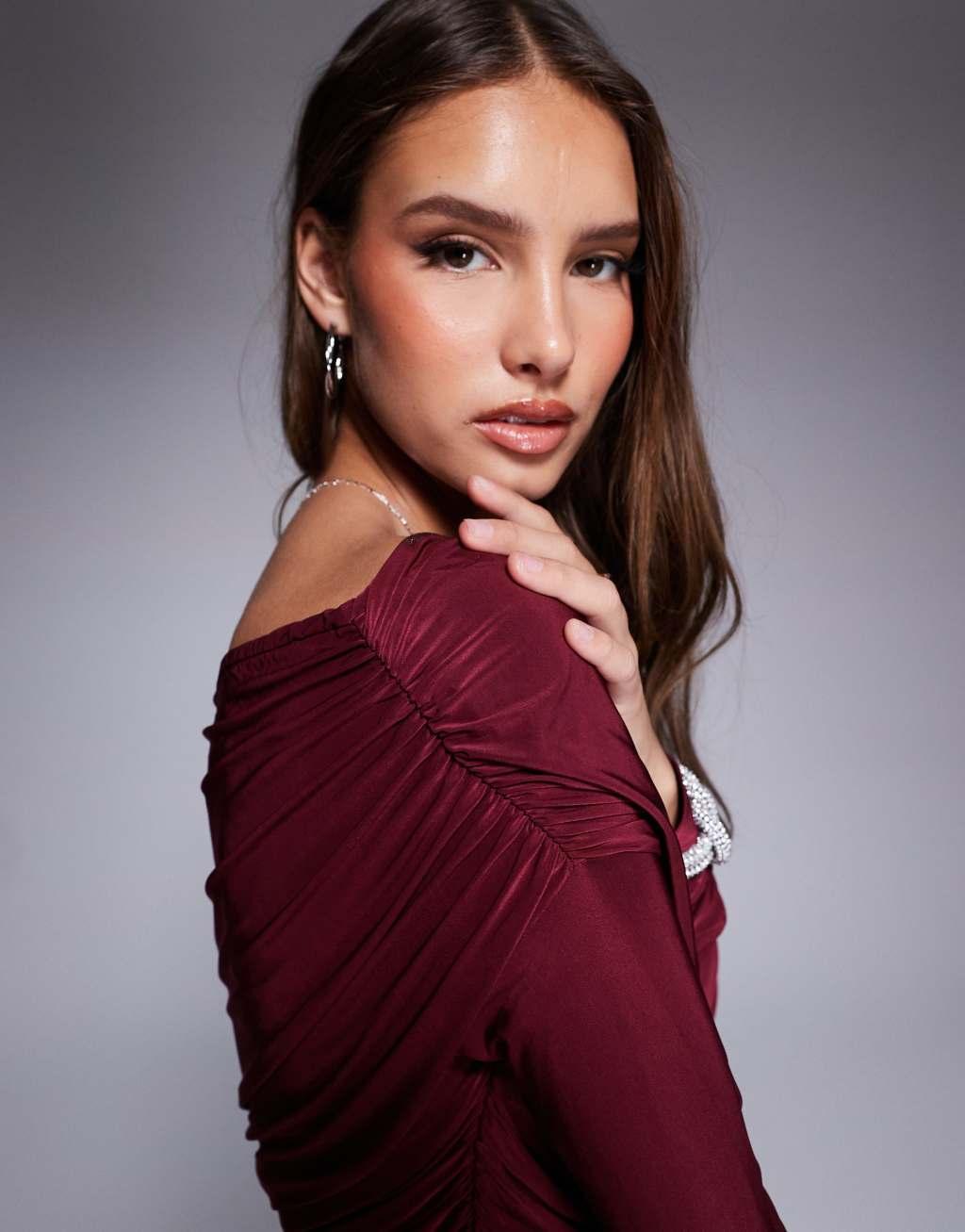 ASOS DESIGN slinky asymmetric ruched off shoulder top in burgundy - part of a set Product Image