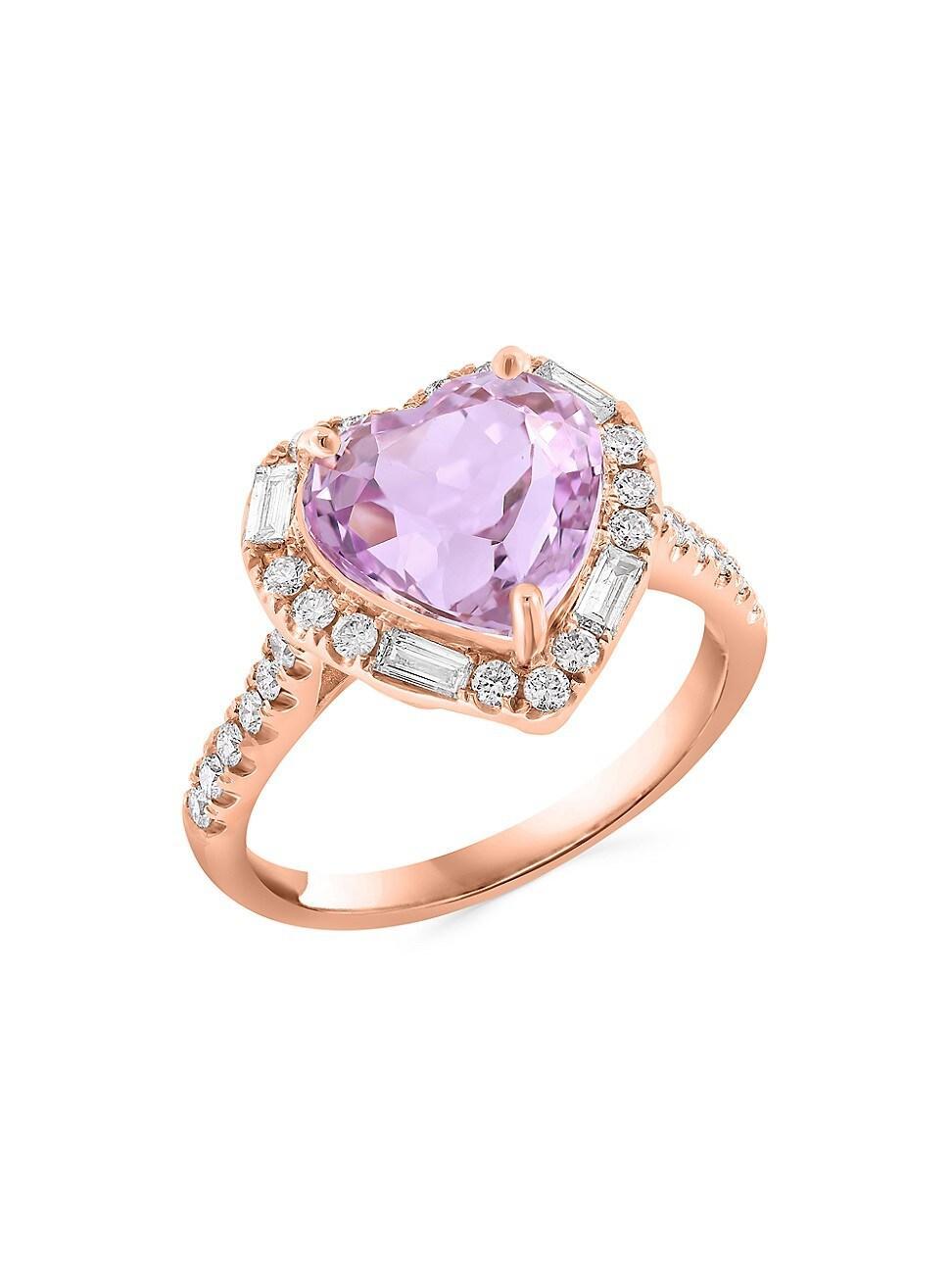 Womens 14K Rose Gold, Kunzite & 0.53 TCW Diamond Heart Halo Ring Product Image