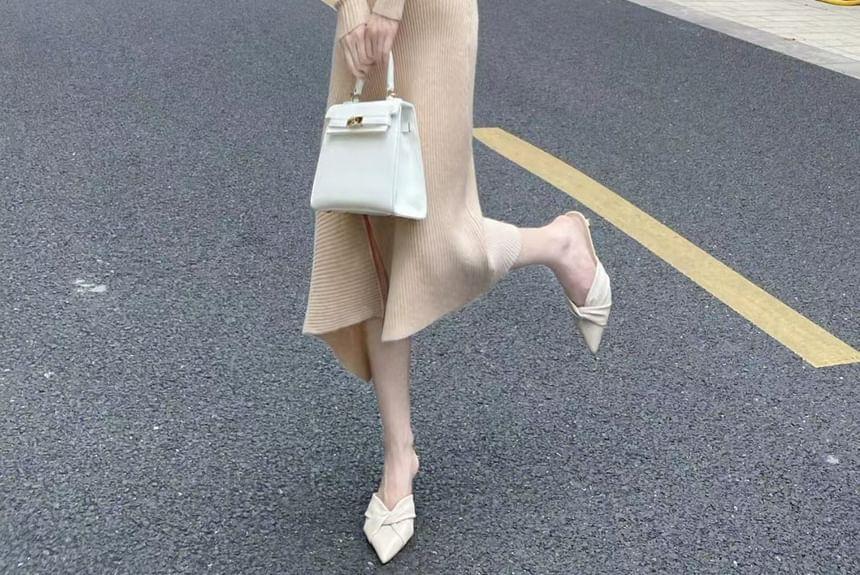 One-Shoulder Long Sleeve Plain Ribbed Midi Knit Dress Product Image