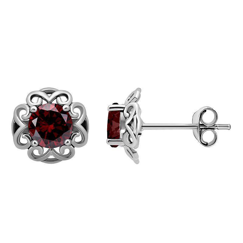 Aleure Precioso Sterling Silver Gemstone Scalloped Stud Earrings, Womens, Silver Tone Red Product Image