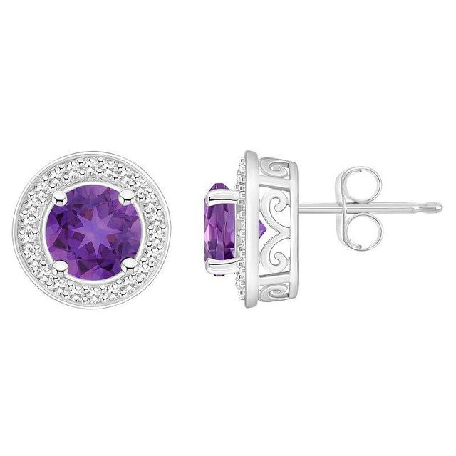 Celebration Gems Sterling Silver Round Gemstone & 1/5 Carat T.W. Diamond Halo Stud Earrings, Womens, Purple Product Image