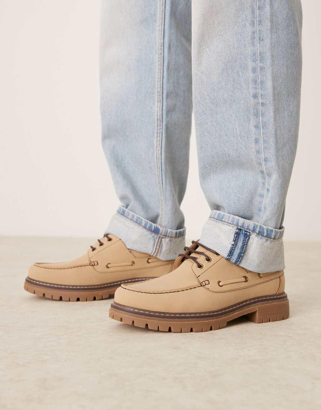 ASOS DESIGN lace up boat shoes in stone Product Image