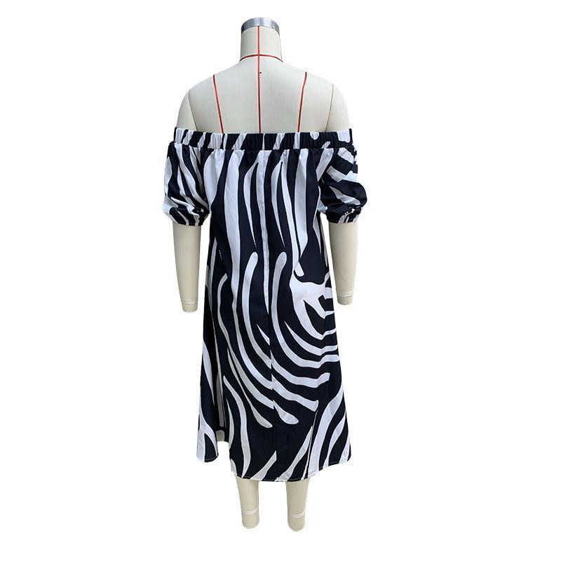 Off Shoulder Zebra Print Maxi A-Line Dress Product Image