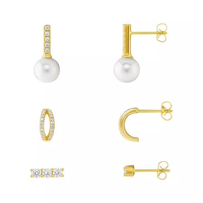 Brilliance 18k Gold Flash Plated Simulated White Glass Pearl Cubic Zirconia Earrings 3-Piece Set, Womens, Yellow Product Image