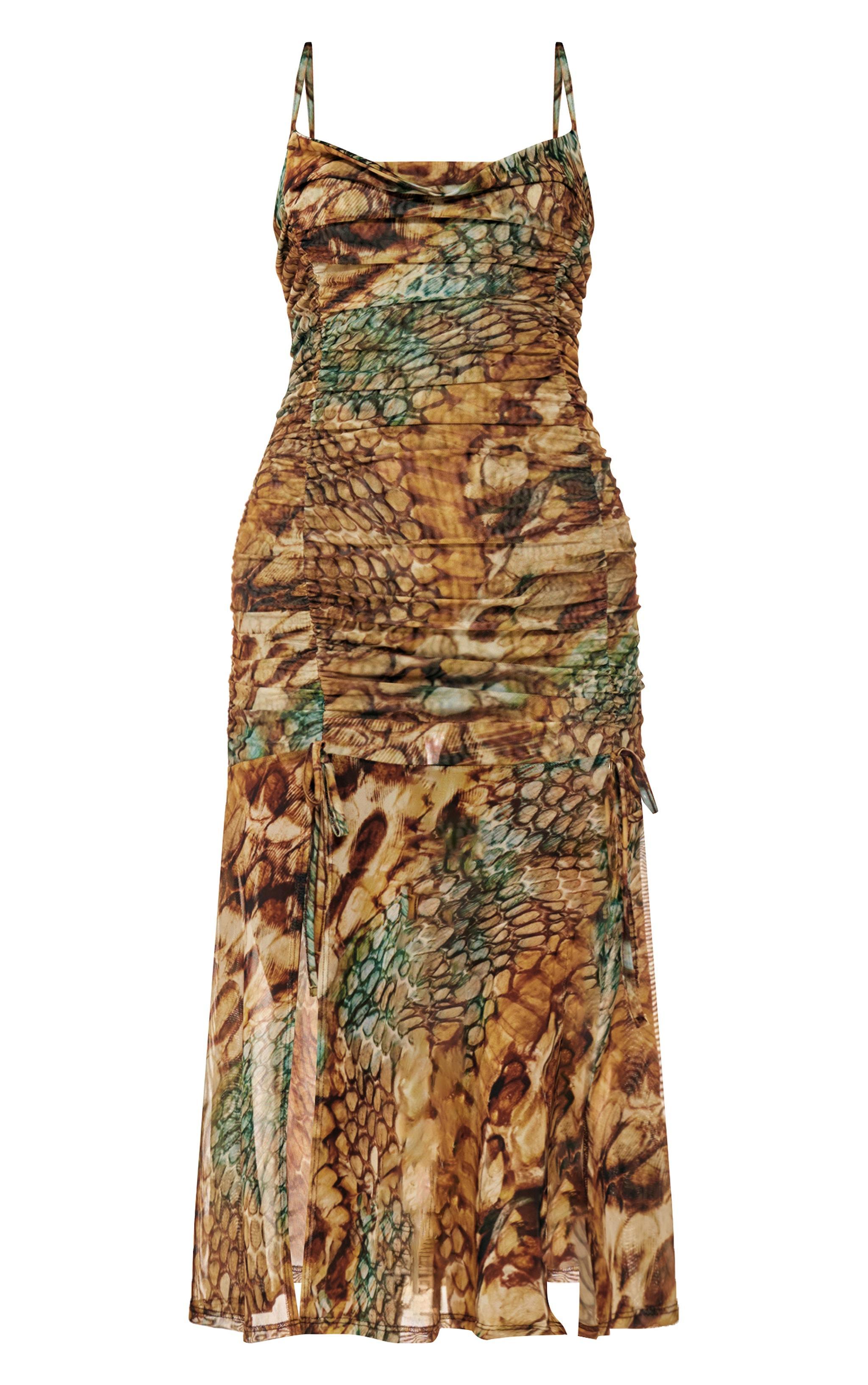 Multi Abstract Snake Print Double Layer Mesh Cowl Midi Dress Product Image