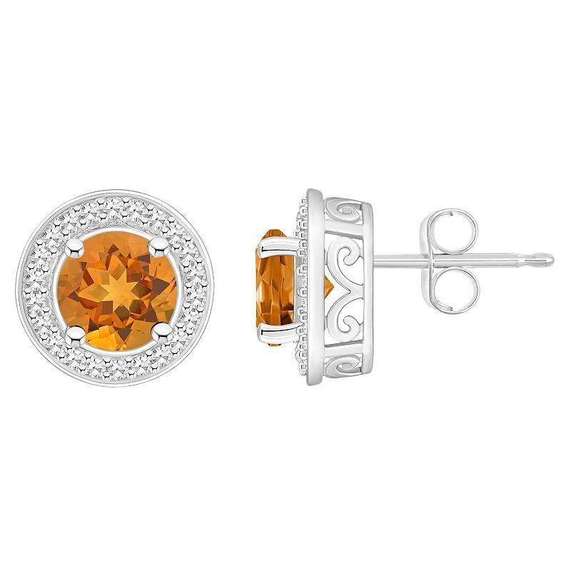 Celebration Gems Sterling Silver Round Gemstone & 1/5 Carat T.W. Diamond Halo Stud Earrings, Womens, Citrine Product Image